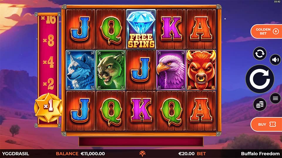Buffalo Freedom DoubleMax slot reels featuring buffalo, wolves and eagles.