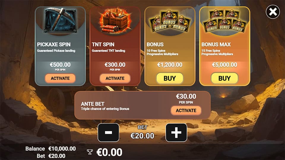 Bonus Buy options in Canyon Riches slot, offering Pickaxe Spin, TNT Spin and Free Spins features.
