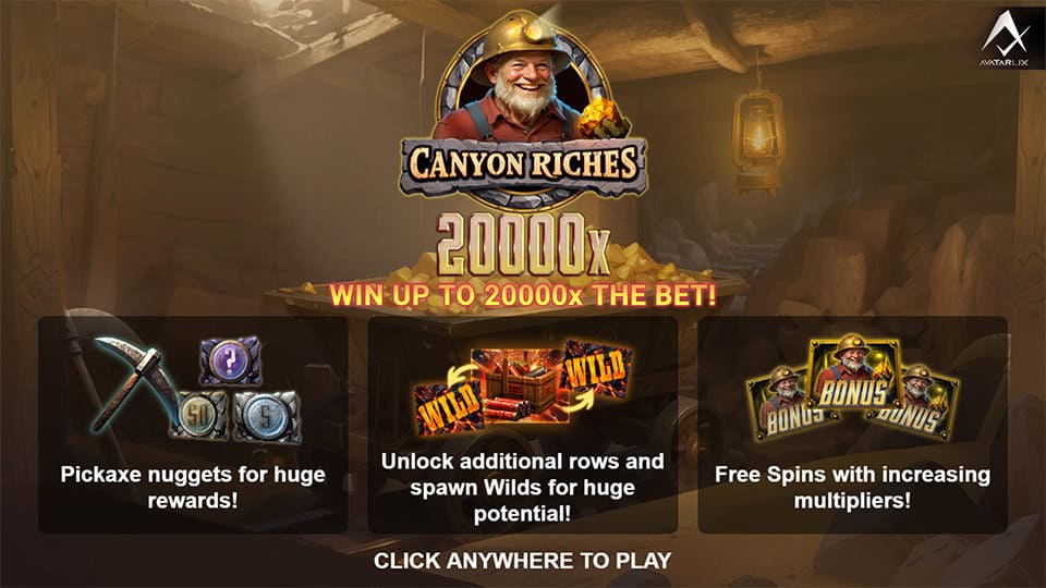 Canyon Riches slot features overview, highlighting pickaxe nuggets, additional rows and free spins with multipliers.