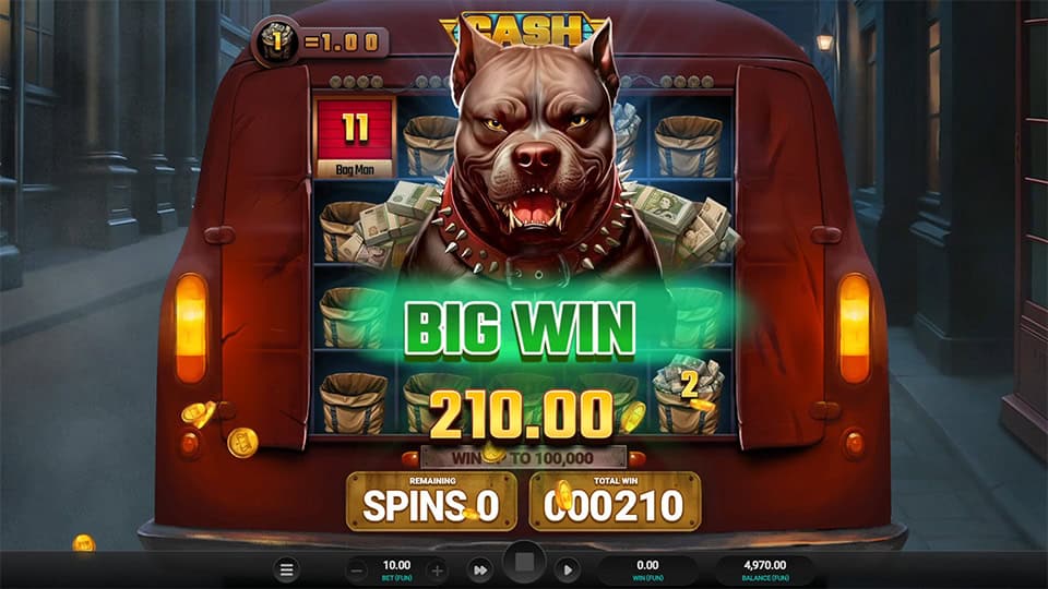 Big win screen in Cash in Transit slot showing a payout of 210 with a fierce dog guarding cash prizes.