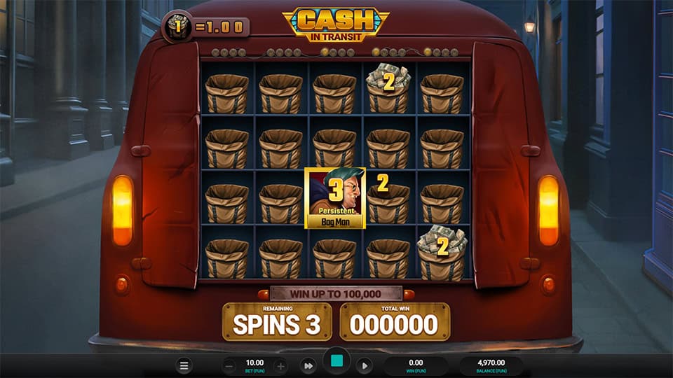 Persistent Bag Man feature in Cash in Transit slot, showcasing the collector symbol.
