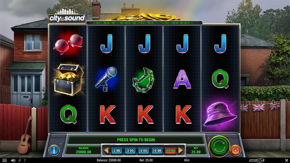 Base game screen showing reels with music-themed symbols and gold records.
