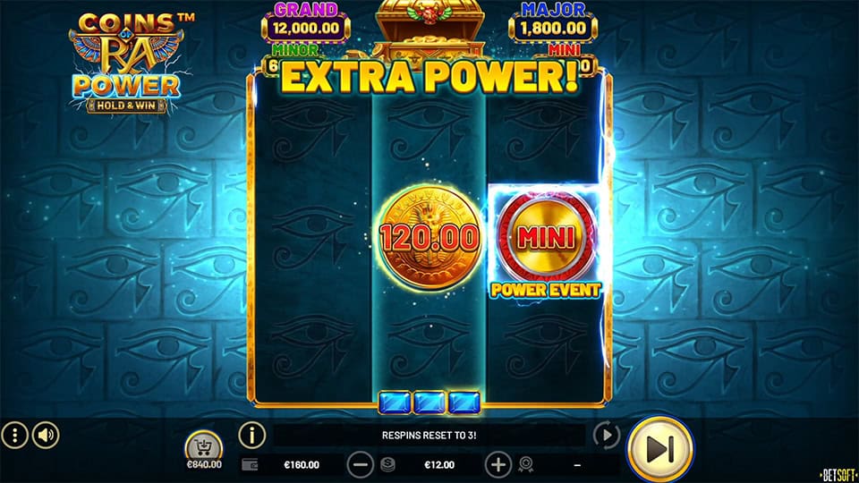 Bonus screen showing Power Event with coin values and a glowing MINI prize.