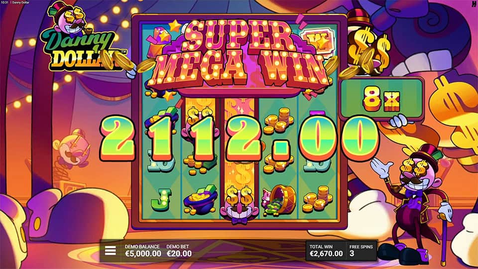 Danny Dollar win screen showing “Super Mega Win” and a €2,112 prize with gold coin rain and 8x multiplier.