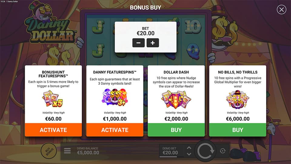 Danny Dollar bonus buy menu showing four choices including Featurespins and Dollar Dash with very high volatility.