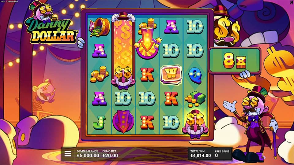 Dollar-Reel expands with nudge symbol during free spins, increasing reel height with golden arrow animation.
