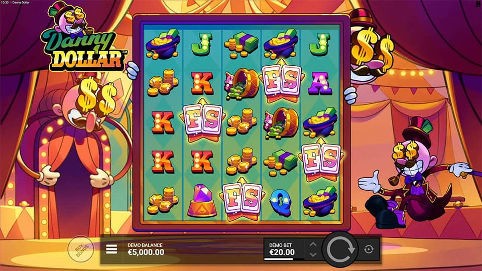 Danny Dollar base game screen with four FS scatter symbols triggering the No Bills No Thrills bonus round.