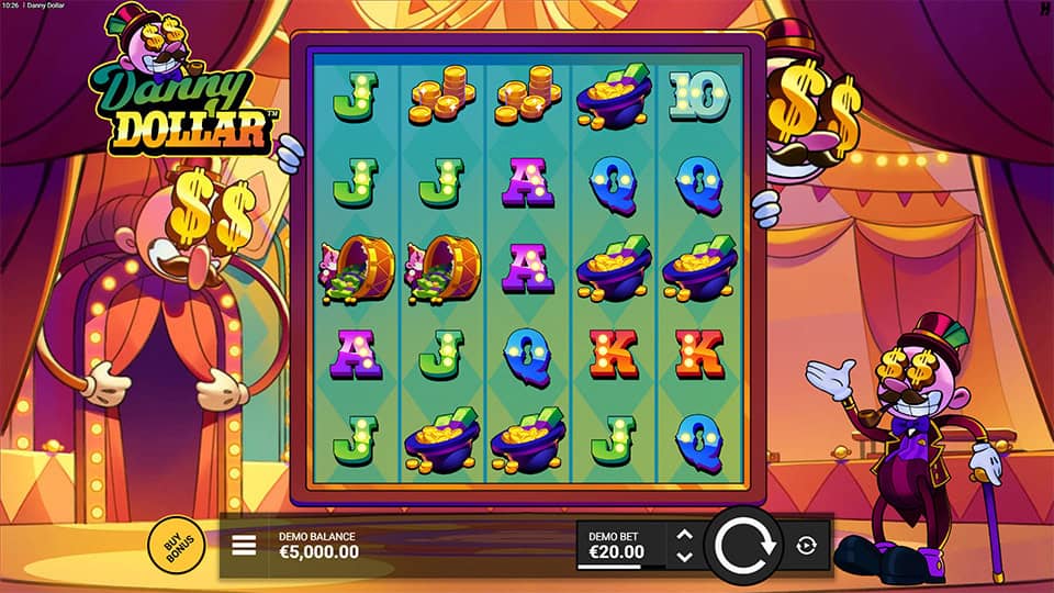 Danny Dollar base game with vibrant reels showing symbols like drums, gold coins and cartoon-style card letters.