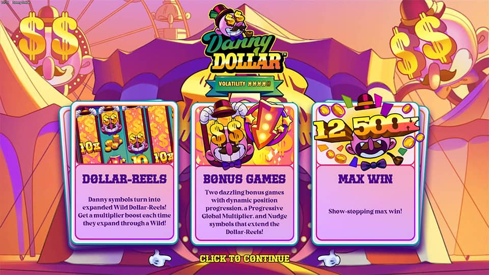 Danny Dollar intro screen highlighting Dollar-Reels, bonus games and max win of 12,500x in a circus-style layout.