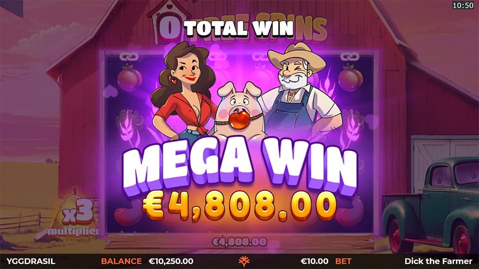 “Mega Win” screen with €4,808.00 payout, showing the farmer, pig and woman characters celebrating in front of the barn reels.