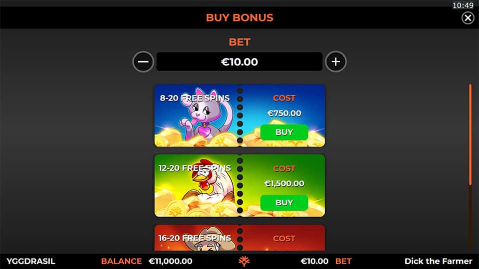 Bonus buy menu with options to purchase 8–20, 12–20 or 16–20 free spins at different price points based on chosen bet.