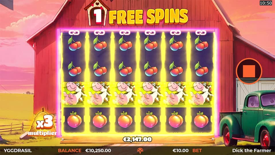 Free Spins mode with glowing chained synced reels, cow symbols stacked and a 3x multiplier displayed on a barn wall.