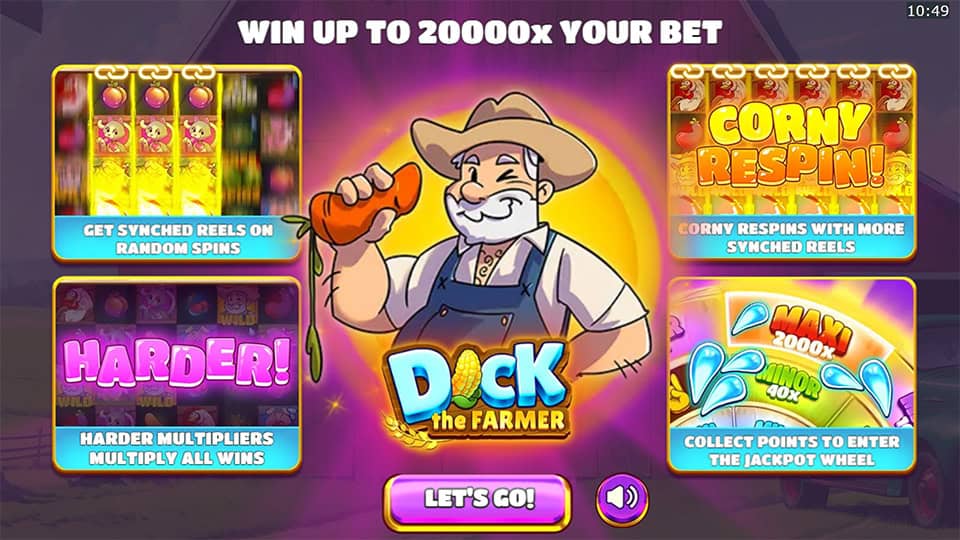Intro screen with cartoon farmer and game feature highlights including synced reels, multipliers, respins and jackpot wheel.
