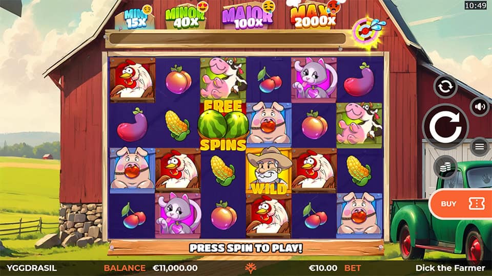 Gameplay screen on a red barn with animal and fruit symbols, “Free Spins” scatter, wild symbol and jackpot tiers on top.