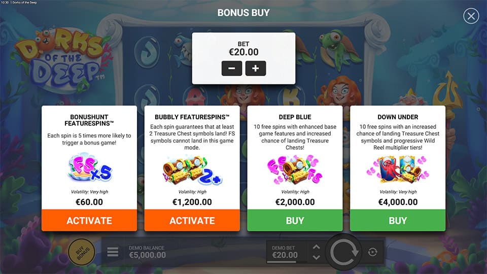 Buy Bonus feature in Dorks of the Deep slot offering Bonushunt Featurespins™ for 3x the bet, Bubbly Featurespins™ for 60x, Deep Blue Bonus for 100x and Down Under Bonus for 200x.