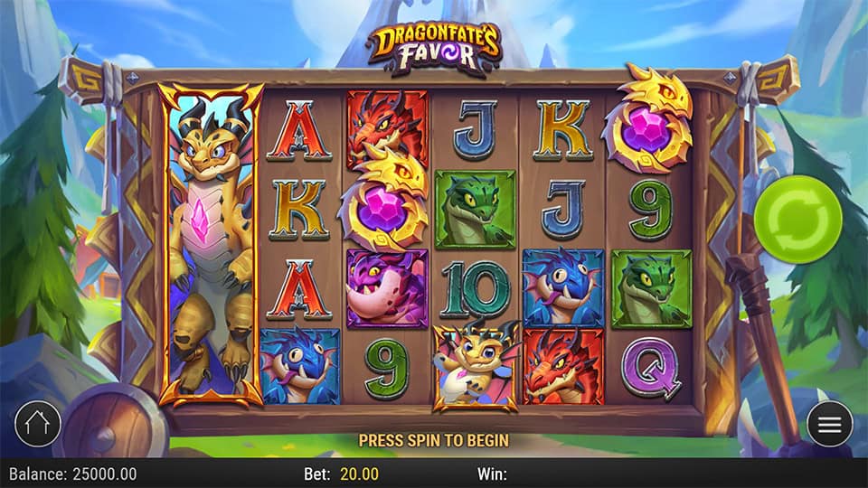 Base game screen of Dragonfate’s Favor slot featuring colorful dragons, fantasy creatures and carved wooden reels.