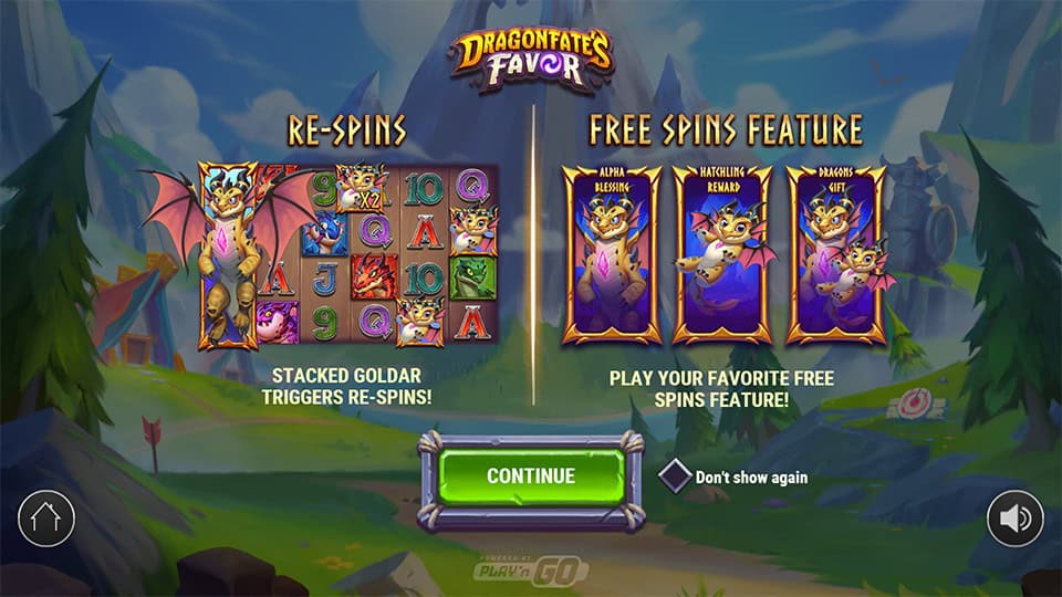 Introduction screen for Dragonfate’s Favor showing the Re-Spins and three Free Spins modes: Alpha Blessing, Hatchling Reward and Dragon’s Gift.