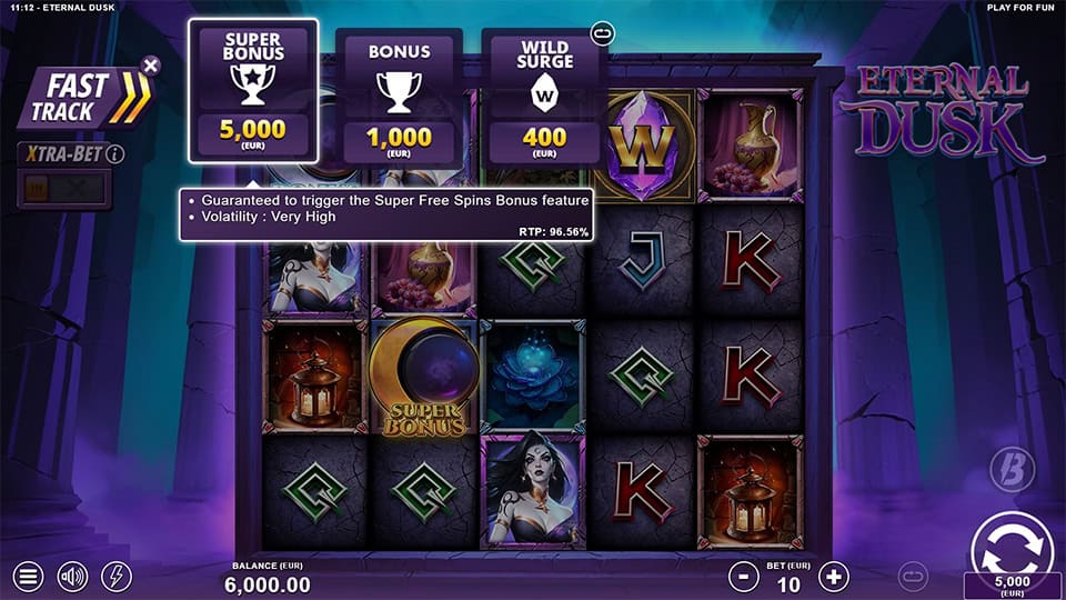 Fast Track feature in Eternal Dusk slot offering Wild Surge for 40x the bet, Free Spins for 100x and Super Free Spins for 500x.