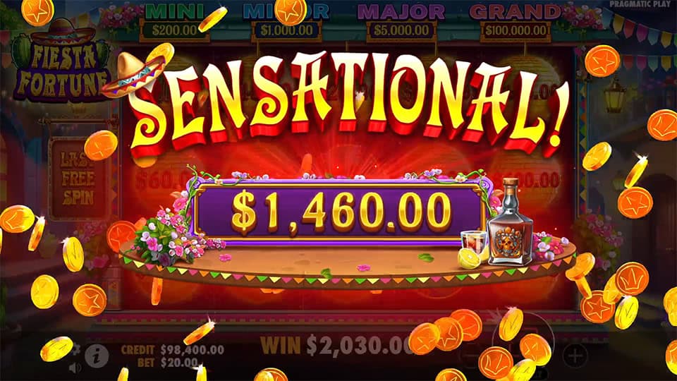 Sensational win display in Fiesta Fortune slot showing a $1,460.00 prize with gold coins flying and tequila bottles on a festive tray.