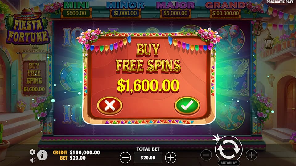 Fiesta Fortune bonus buy screen offering free spins for $1,600.00 with colorful decorations and a confirmation prompt.