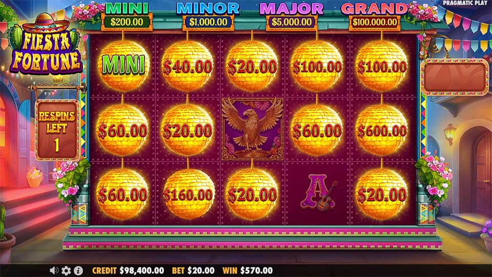 Hold & Win feature screen in Fiesta Fortune with glowing gold disco balls revealing instant cash prizes and mini jackpot triggers.