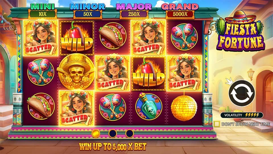 Intro screen of Fiesta Fortune slot showcasing its festive visuals, jackpot tiers and the promise of up to 5,000x the bet.