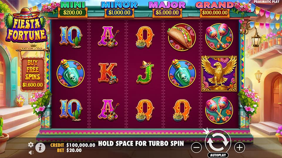 Main game screen of Fiesta Fortune slot with vibrant symbols like tacos, maracas and wilds set against a Mexican festival background.