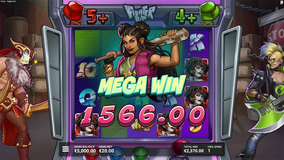Mega win of 1,566 in Fighter Pit slot during a battle round.