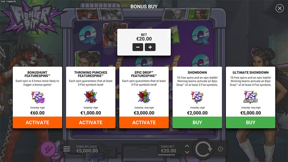 Fighter Pit slot buy feature menu with five different purchase options.