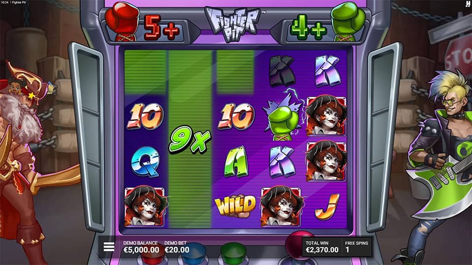 Fighter Pit slot bonus game showing 4 Wild Fist reels in action.