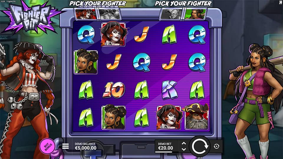 Base game preview of Fighter Pit slot with fighting-themed symbols.