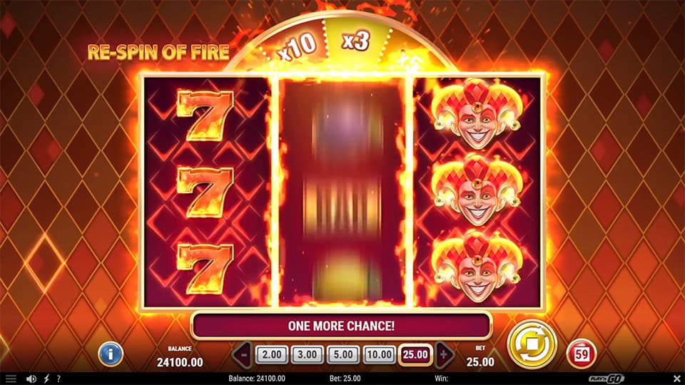 Fire Joker 100's Re-Spin of Fire feature showing two locked reels and one spinning reel with a fiery border and multiplier wheel above.