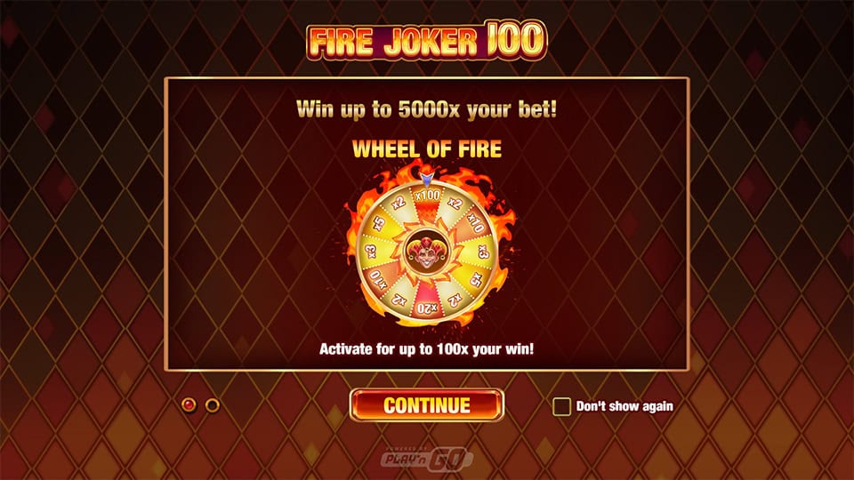 Introduction screen of Fire Joker 100 featuring the Wheel of Fire bonus and text highlighting a win potential of up to 5000x your bet.