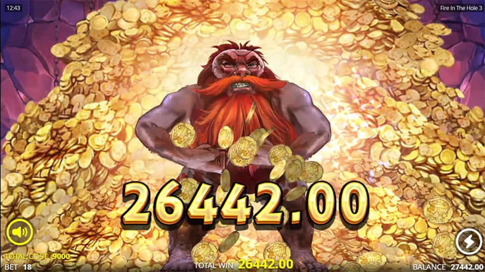 Animated bearded miner stands triumphantly with 26,442.00 win over a gold coin explosion.