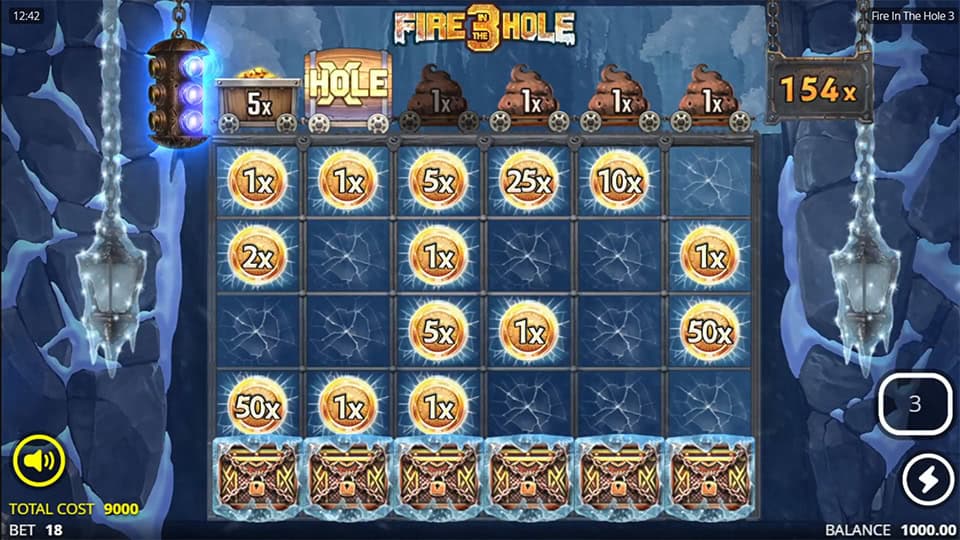 Special feature screen with multiple coin multipliers and 154x total win shown in ice cave environment.