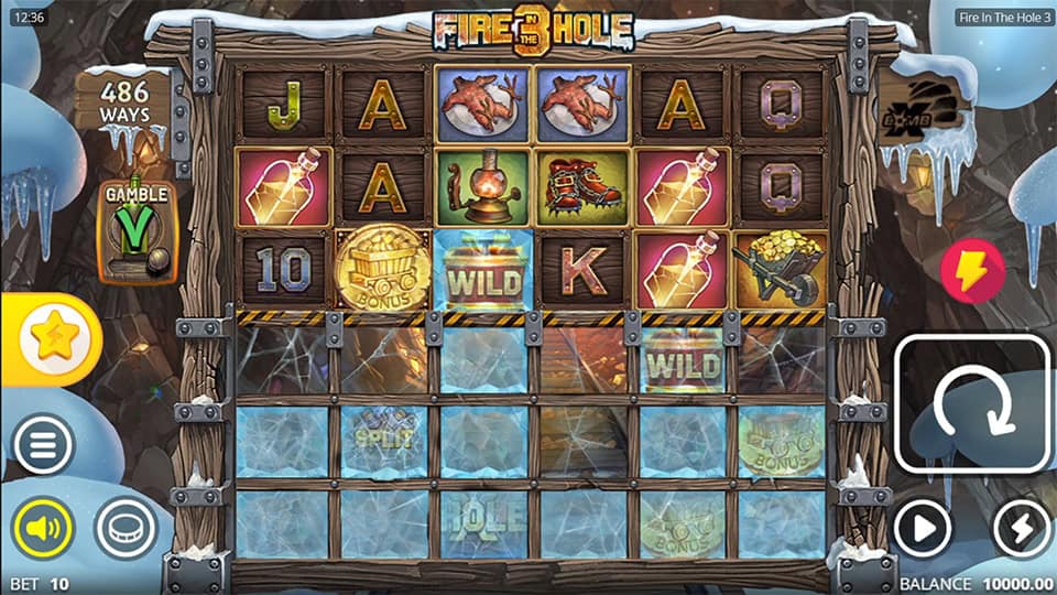 Reels with miner-themed symbols like dynamite and boots, WILD tiles and partially unlocked frozen rows.