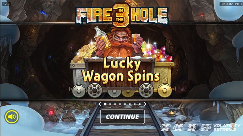 Fire in the Hole 3 intro screen featuring Lucky Wagon Spins with miner riding cart full of loot and liquor.