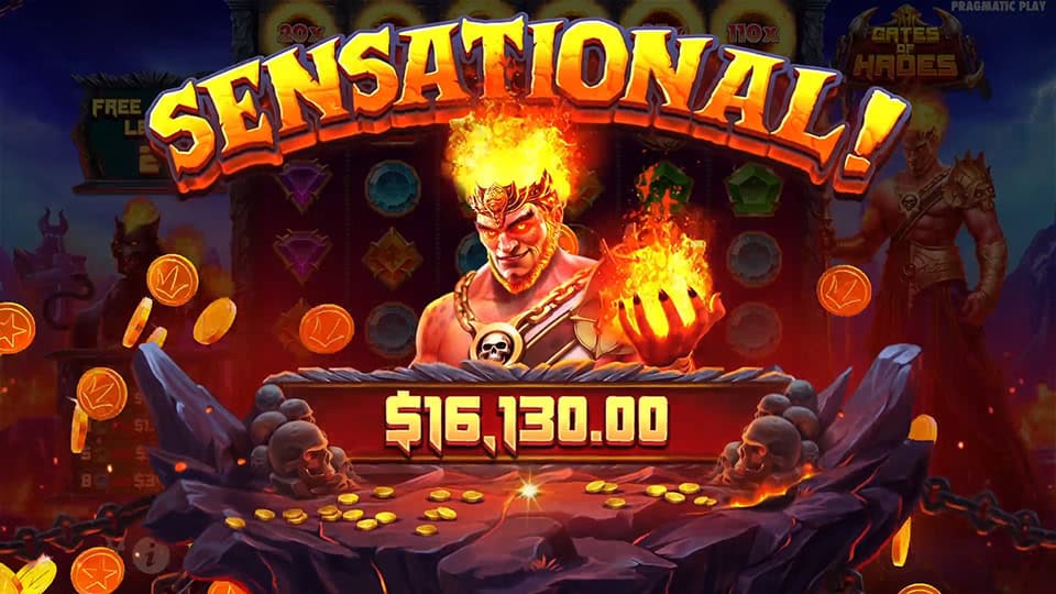 Sensational win screen in Gates of Hades showing a fiery Hades with flaming fists and a $16,130.00 win in glowing letters above molten gold.