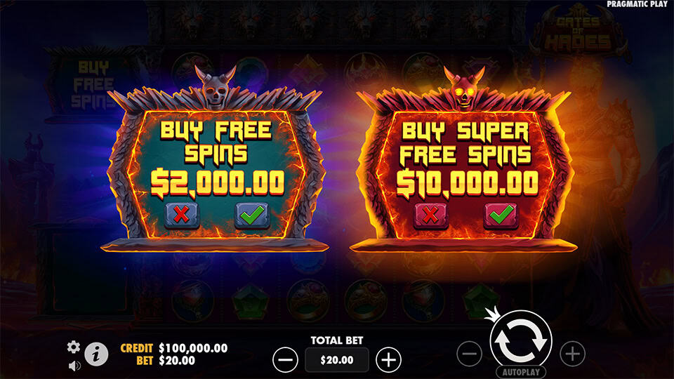 Bonus buy menu in Gates of Hades offering Free Spins for x100 or Super Free Spins for x500 the bet.