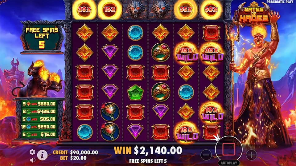 Reels of Gates of Hades displaying flaming wild symbols with 10x and 20x multipliers appearing during free spins rounds.