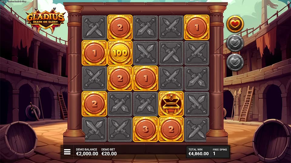 Gladius Death or Glory slot chest collection feature showing revealed coin values across shield tiles.