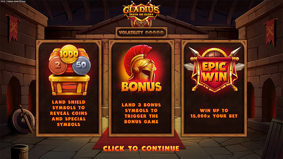 Gladius Death or Glory slot feature screen explaining bonus triggers, shield coin wins and the 15,000x max win potential.