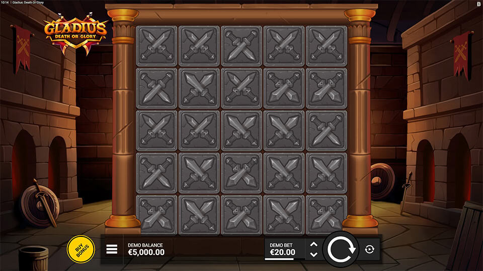 Gladius Death or Glory slot reels displaying bonus symbols and stone sword tiles inside a colosseum-style arena.