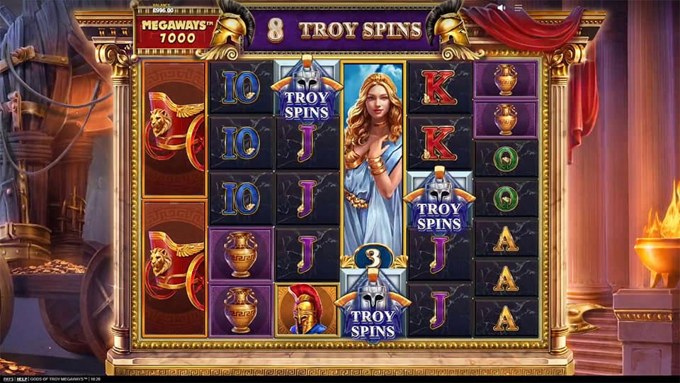 Base game round showing three Troy Spins symbols on the reels with 8 spins awarded.