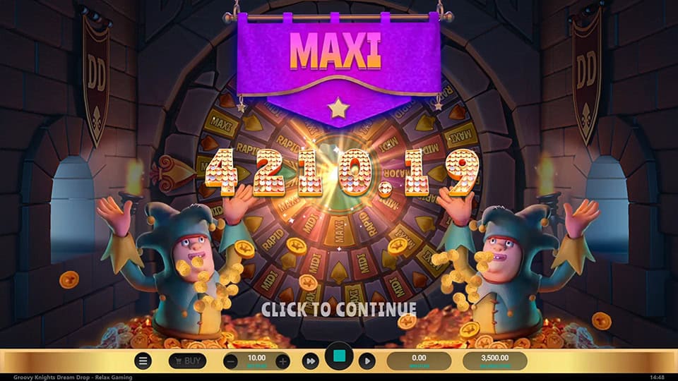 Maxi Jackpot win with jesters throwing coins in front of a prize wheel.