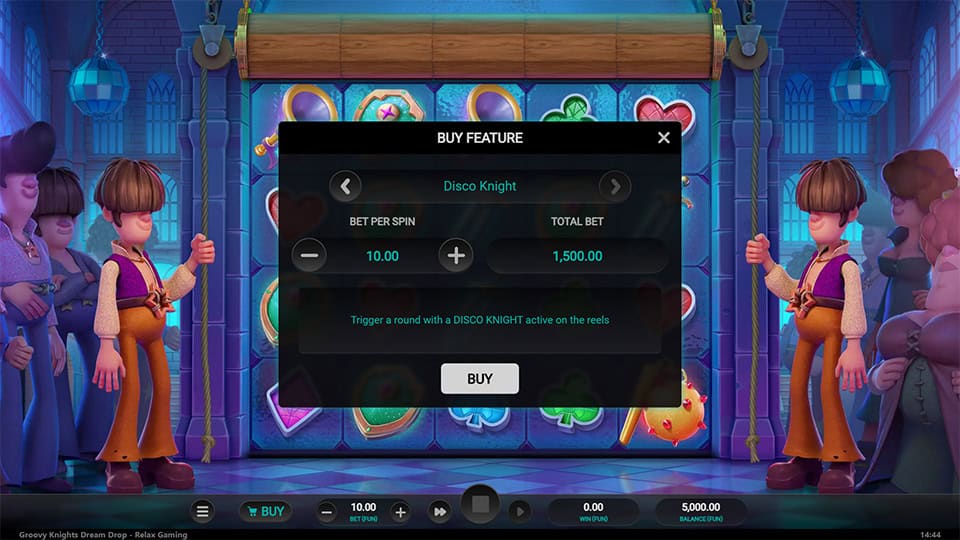 Buy Feature popup for Disco Knight mode with €1,500 total bet; dancers flank the reels in a disco hall.