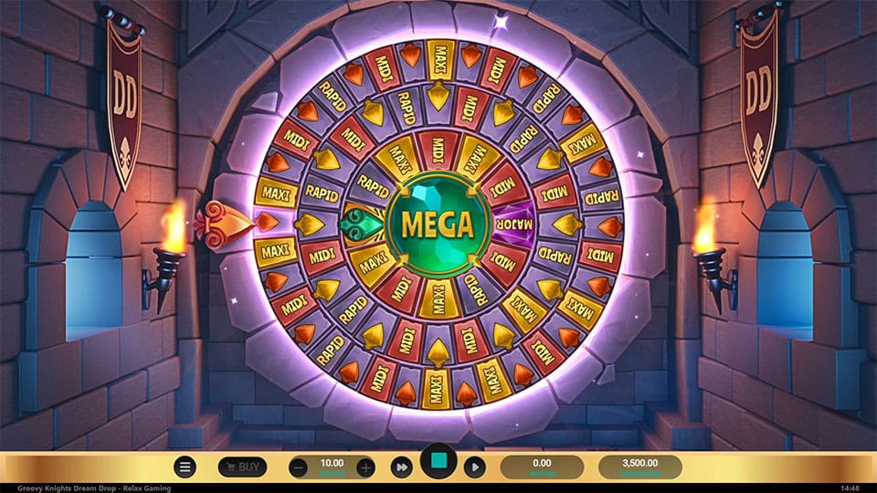 Large spinning jackpot wheel featuring MINI, MIDI, MAXI, MAJOR and MEGA prize sections.