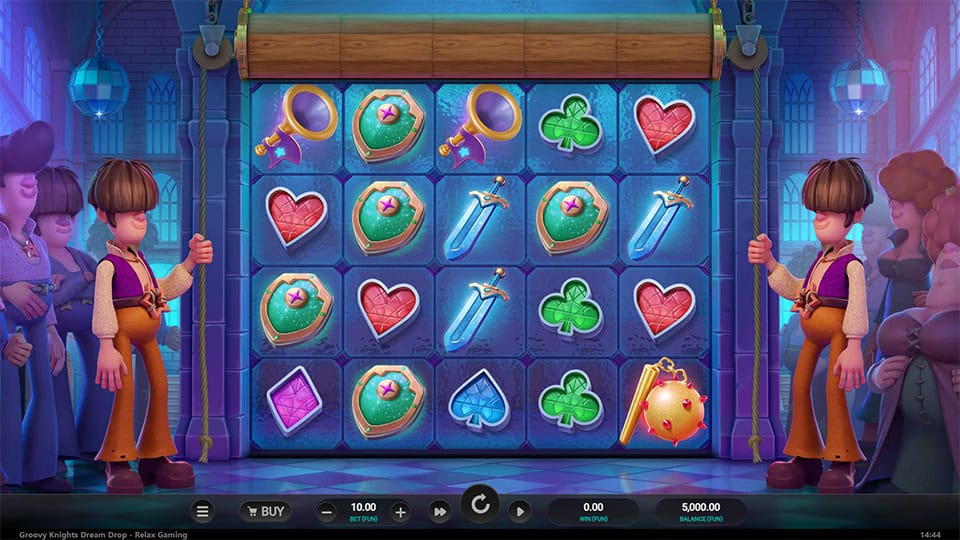 Slot reels filled with shields, swords, hearts and clovers; two knights hold ropes on each side in a neon-lit ballroom.