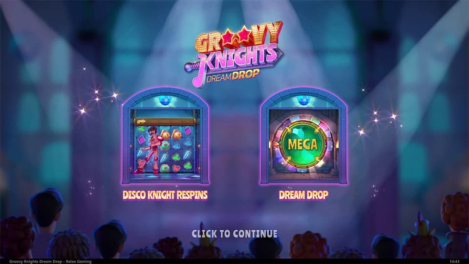 Groovy Knights intro screen showing Disco Knight Respins and Dream Drop Mega Jackpot entry.