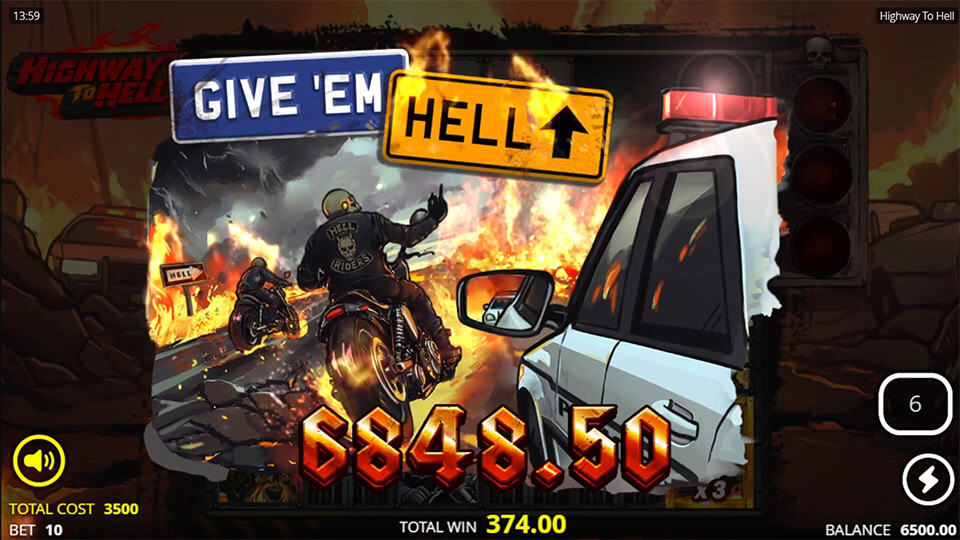 Explosive win animation in Highway to Hell showing a biker breaking through flames with a $6848.50 prize and burning police car in the background.